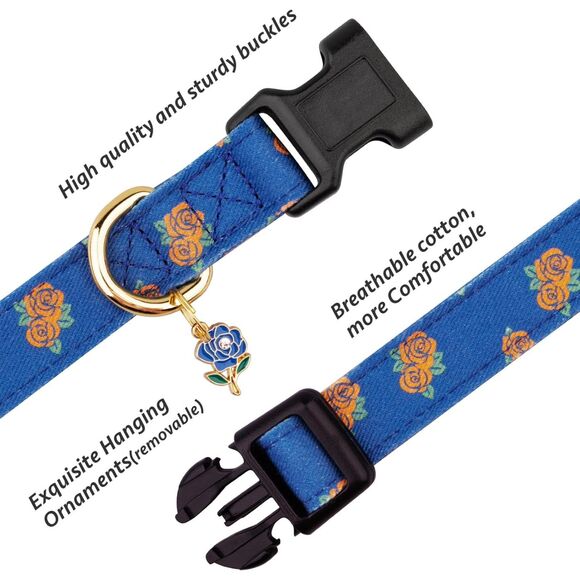 Cotton Handmade Dog Collar Blue Rose with Pendant for Girl Boy Dogs Collars S - Picture 3 of 3